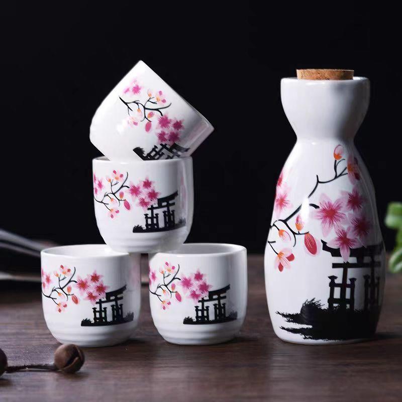 

5pcs/set Ceramic Sake Pot Cups Set Flagon Liquor Cup Spirits Cups Set Japanese Bar Wine Set Flower Text Pattern Creative Gifts