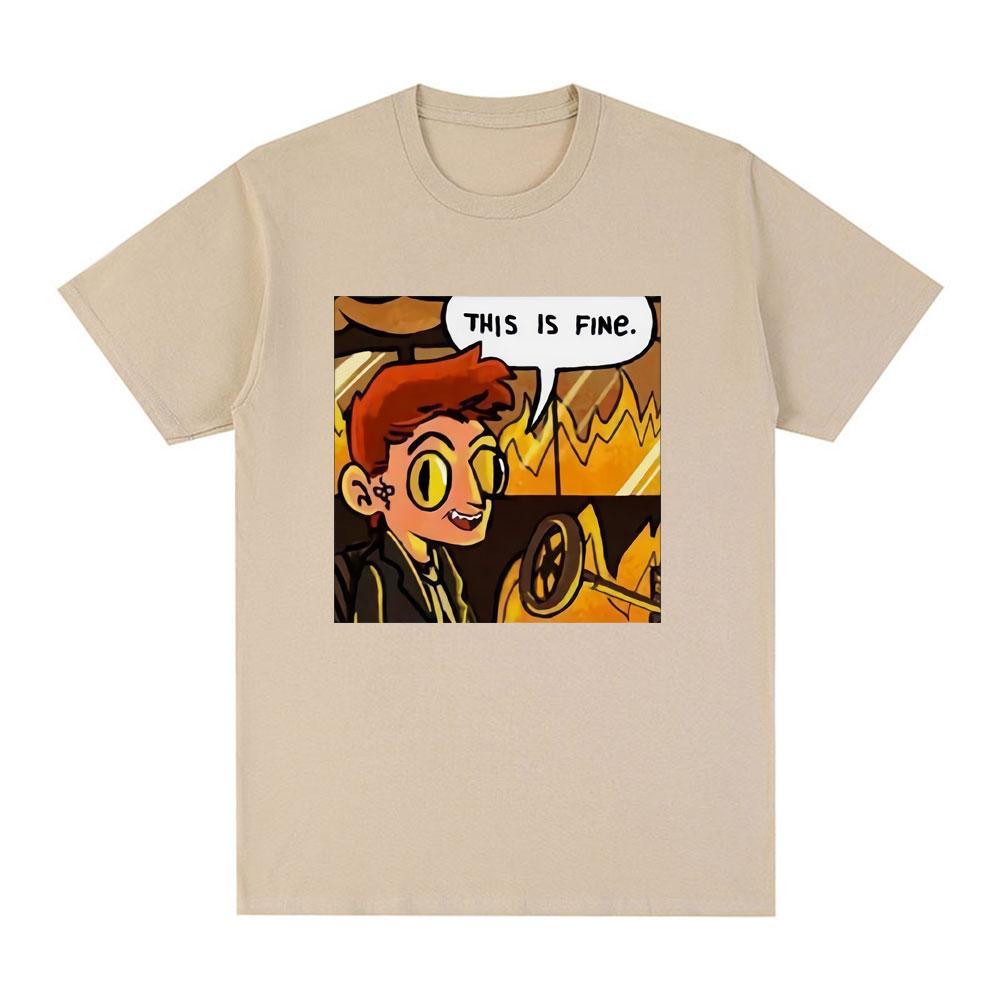 Good Omens This Is Fine Crowley Graphic T Shirt Men Fashion Vintage T Shirts Summer 100% Cotton Casual Cozy T-shirts Streetwears