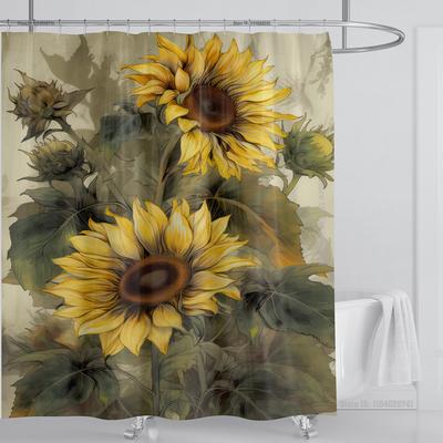 Rideau de Douche Fleur Tournesol Rideau de Douche Imperméable Tissu Polyester Rideau Imprimé en 3D Décoration de Salle de Bain Avec Crochets