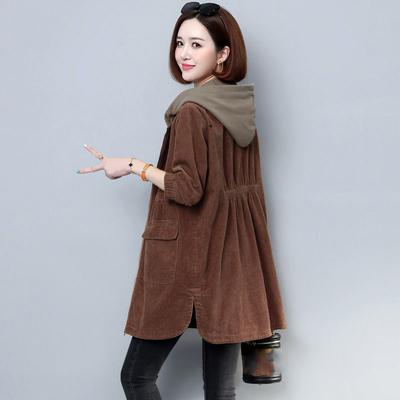 Corduroy Hooded Jacket Women Spring Autumn Loose Windbreaker Casual Zipper Long Outwear