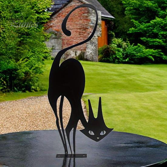 Weather Resistant Garden Decor Black Cat Fence Topper Decoration, Rusty Metal Sign for Halloween, Patio Retro Animal Shape Ornament Outdoor Yard Lawn