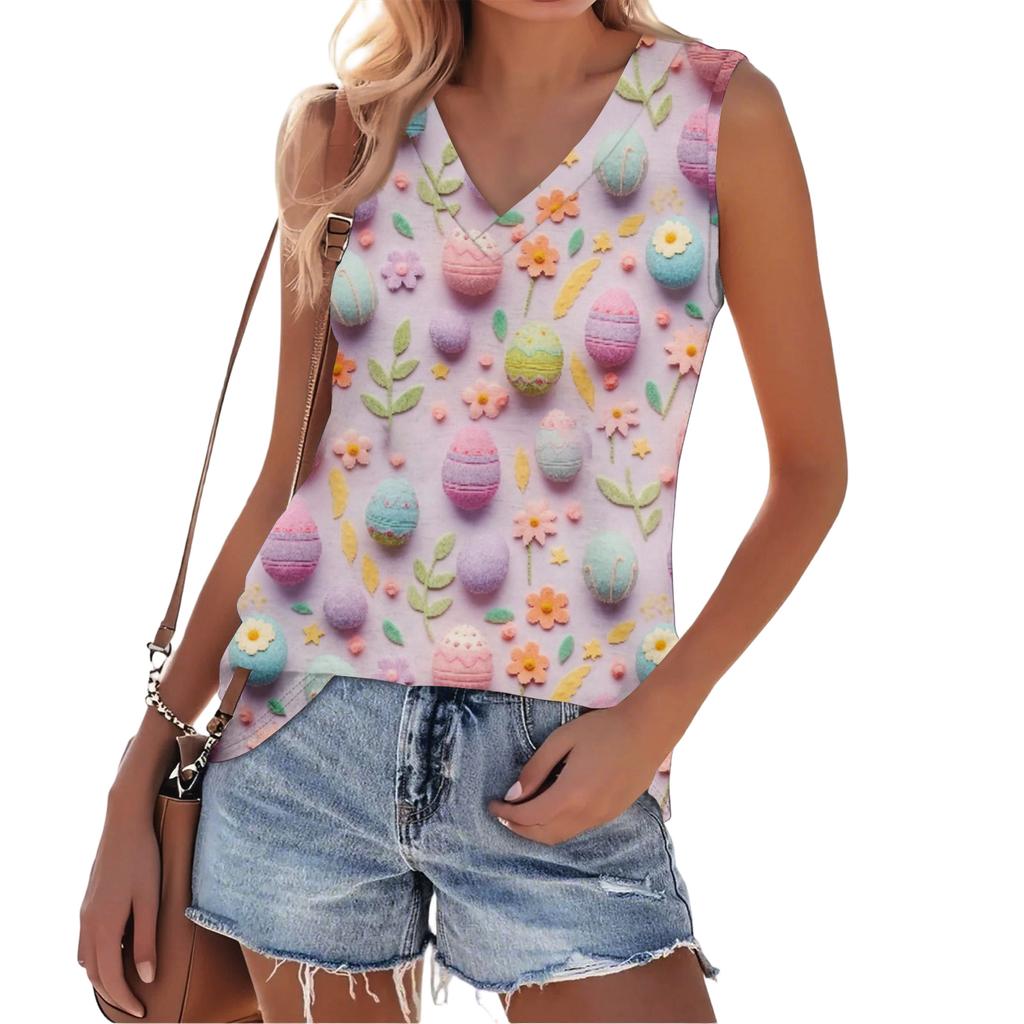 Modny Damski Casualowy Wszechstronny Letni Top na Ramiączkach z Nadrukiem Wielkanocnym Slim-Fit