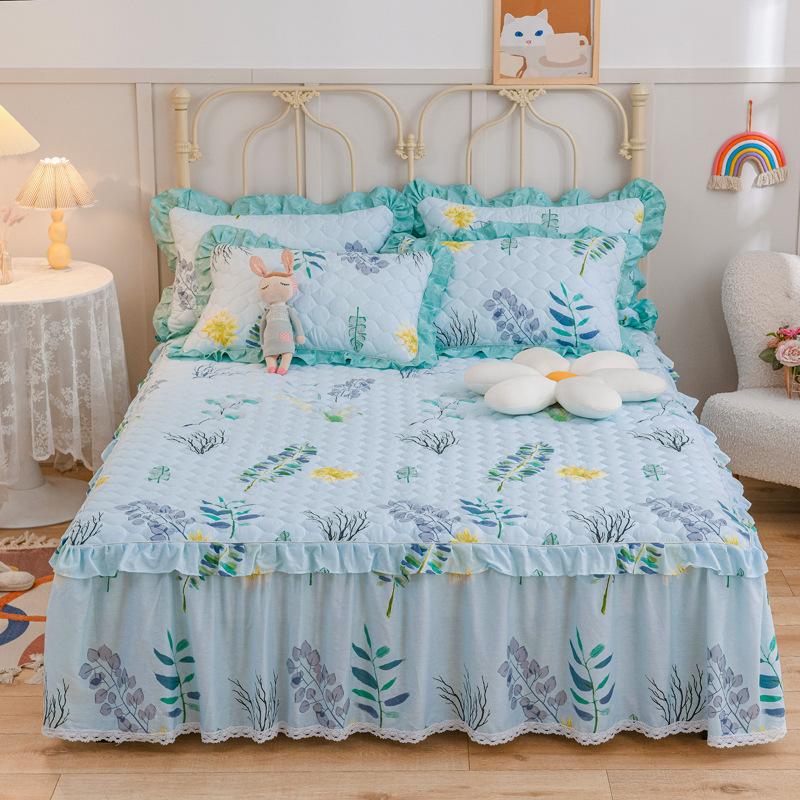 Thickened Pure Cotton Padded Bed Skirt Bedspread Cotton Padded Ruffle Edge Protection Non-slip Pillowcase Bedspread Cover