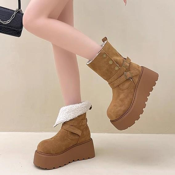 Skinny Martin Boots Women's 2025 Autumn and Winter New European Station Round Head Sewing Line Heightened Mid-heel Fashion Boots Look Thin