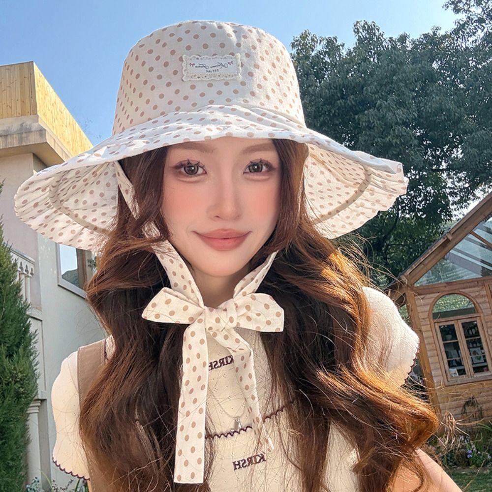 Casual Polka Dot Women Fisherman Hat Ribbon Red Summer Sun Hat Wide Brim Breathable Bucket Hat Ladies