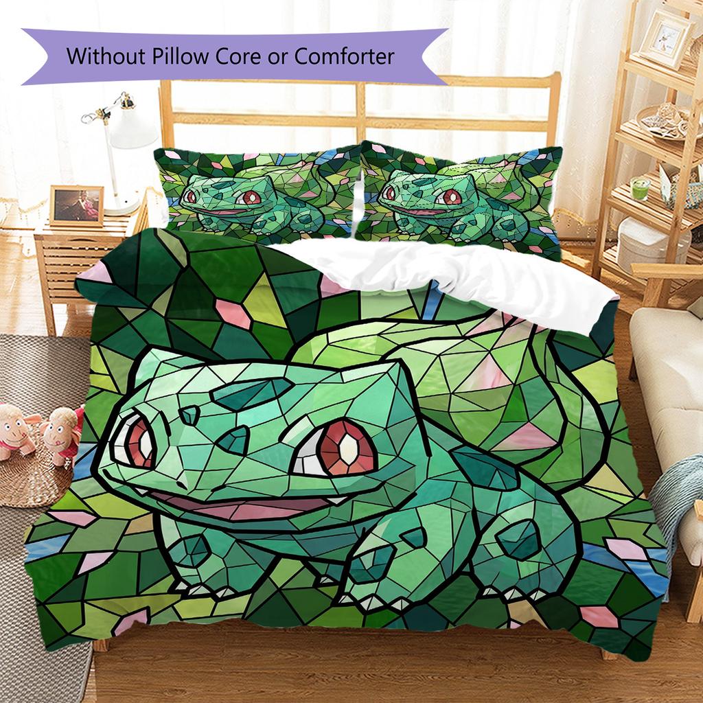 Bulbasaur Pattern Bedding Quilt Set Quilt Cover Pillowcase Home Decoration Birthday Gift (1 * Duvet Cover + 2 * Pillowcase, Without Core)