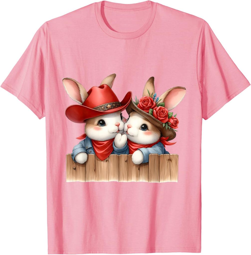 Cute Cowboy Bunny Couple Peeking Over Fence Graphic T-Shirt Men Casual Daily Tee