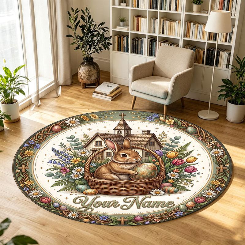 Easter Bunny (1) Theme Circular Crystal Velvet Carpet Customized Name & Text Round Soft Floor Rug For Living Room Bedroom Decor