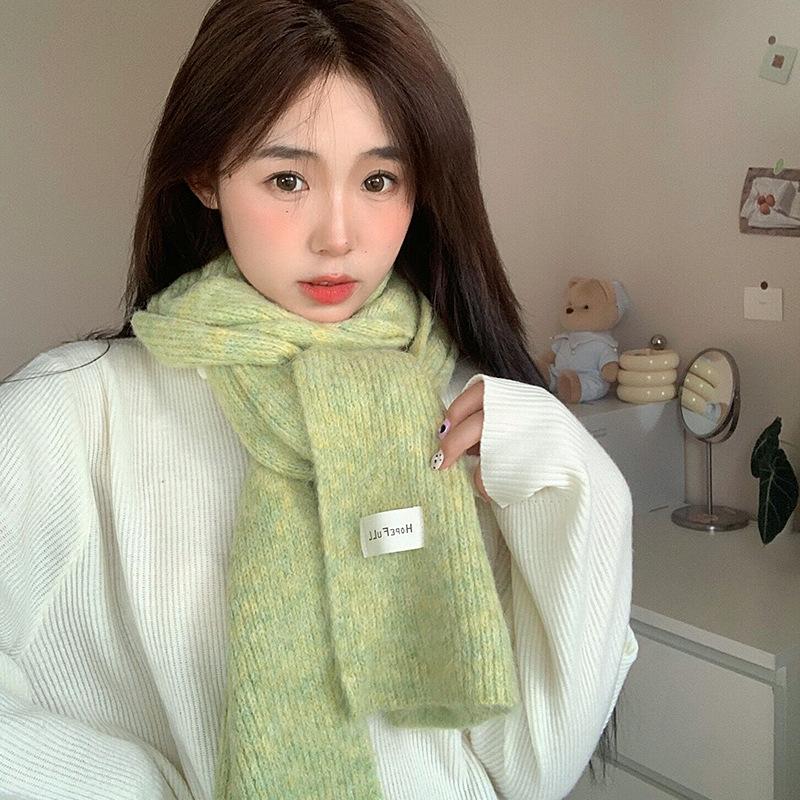 Green Knitted Scarf Women's Autumn and Winter White Korean Version Ins Solid Color New Student Warm Woolen Scarf