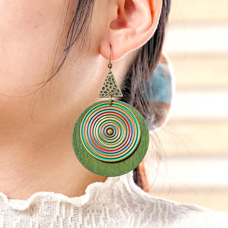 Vintage Boho Exaggerated Big Statement Round Wooden Metal Drop Earrings Woman Ethnic Creative Geometric Dangle Female Jewelry