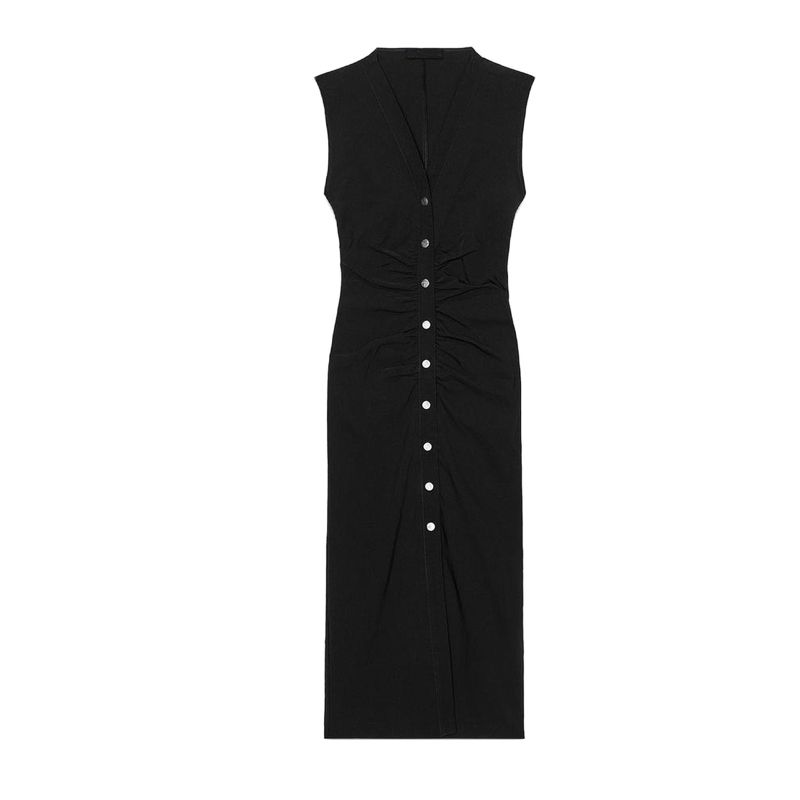 

Summer New Product Women s Clothes French Style V-neck Evening Dress Ruched Decorative Sleeveless Midi Skirt Dress 3897082 Black L