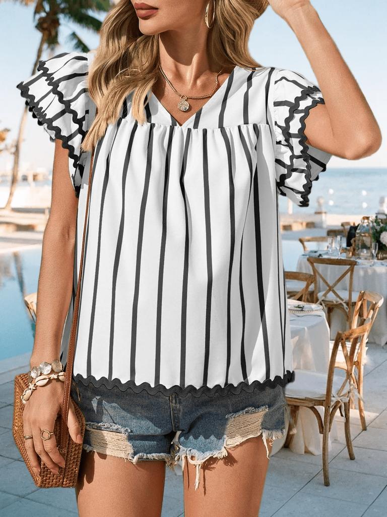 Women's Vertical Striped Blouse V Neck Ruffle Sleeve Pleated Trim Summer Top