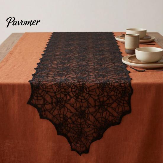 Gothic Table Decor Halloween Runner, Black Lace Spider Web Runners, 17.7 X Vintage Cover 70.9Inch for Home Party Dinner Kitchen Mantel Bedroom