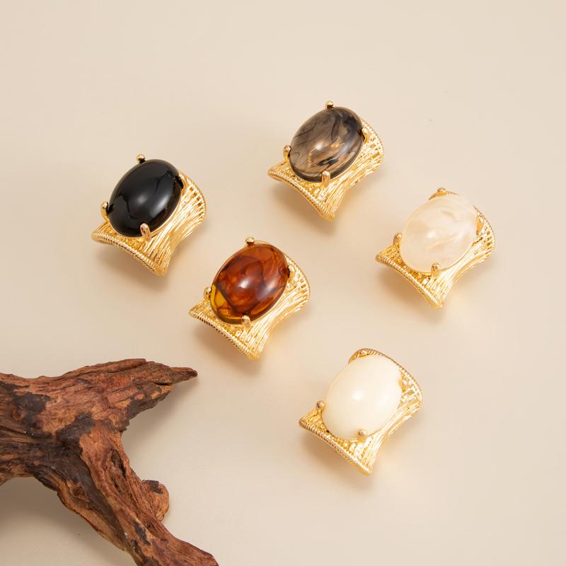 Rock Punk Hip Hop Vintage Elegant Black Brown Shading Resin Stone Chunky Metal Ring For Women Girl Jewelry Accessories Gift