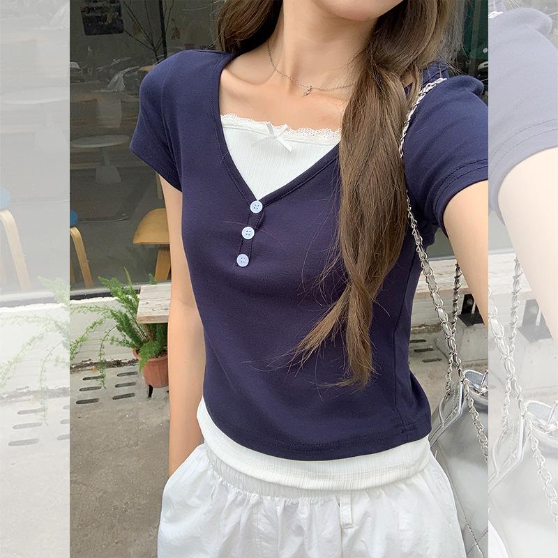 Korean Fake Two-piece Lace Splicing Niche Design Short-sleeved T-shirt Women's New High-end Summer Top
