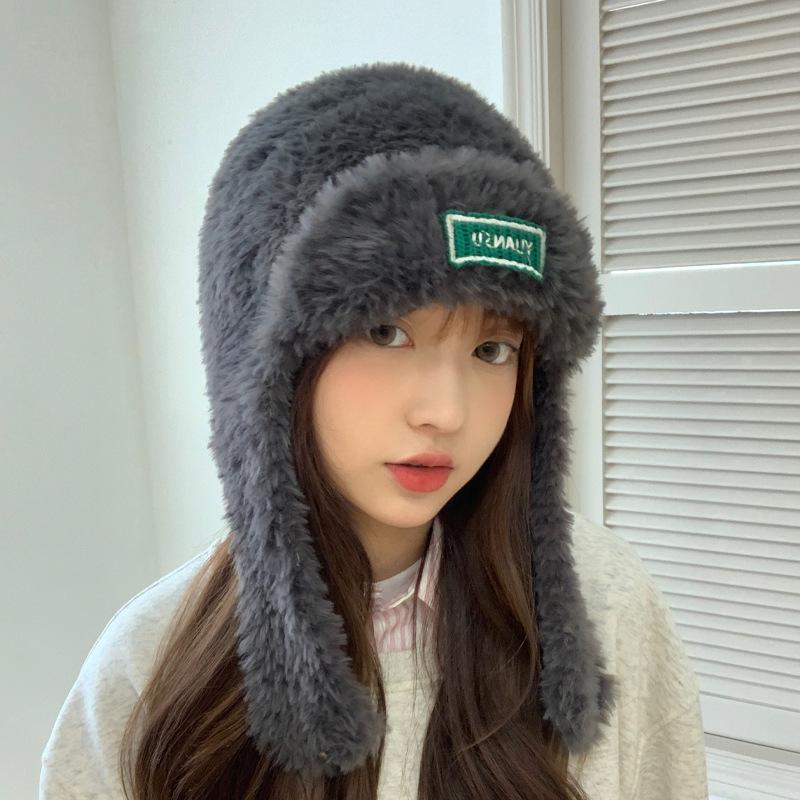 Cute and Fashionable Letters Plush Hat Korean Version of Warm Ear Protection Wool Hat Versatile Bag Knit Hat Thick