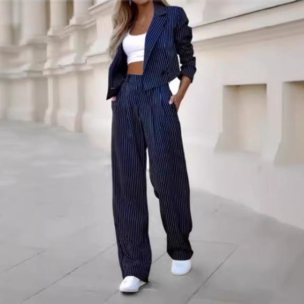 

2 Pcs/Set Women Coat Pants Set Commute Formal Style Turn-down Collar Long Sleeve Jacket High Waist Striped Wide Leg Pants Set Lady Business Outfit XXL синій