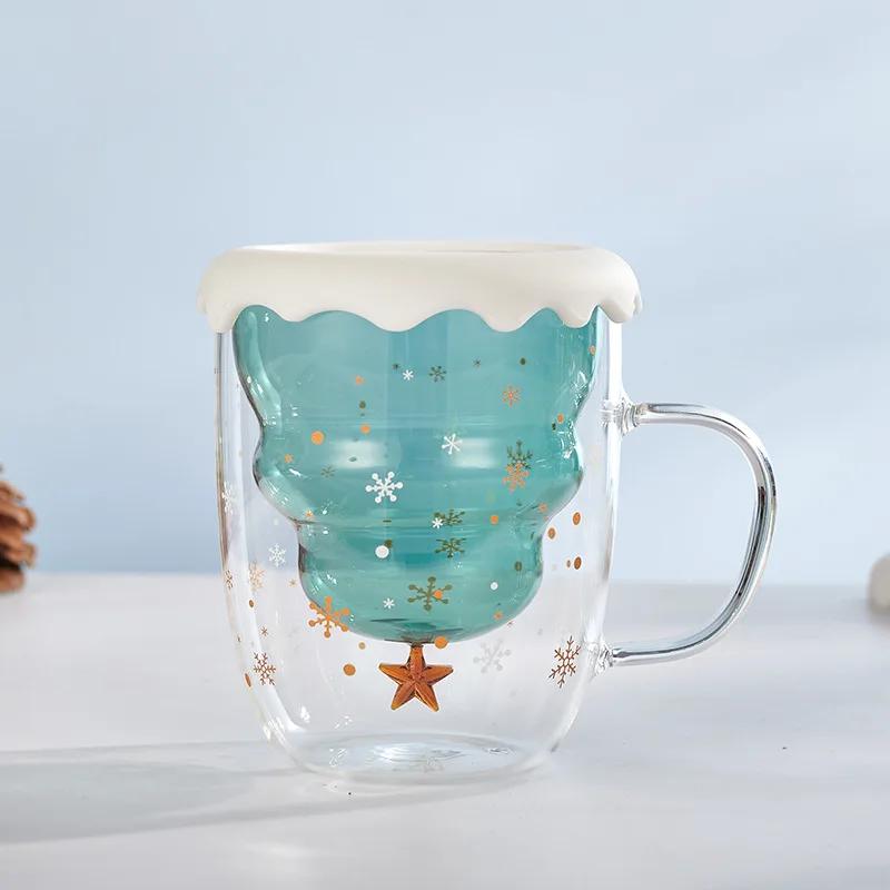 Double Layer Insulated Christmas Cup with Lid Coffee Cup High Borosilicate Glass Cup Wholesale with Handle Glass Decorative Cup
