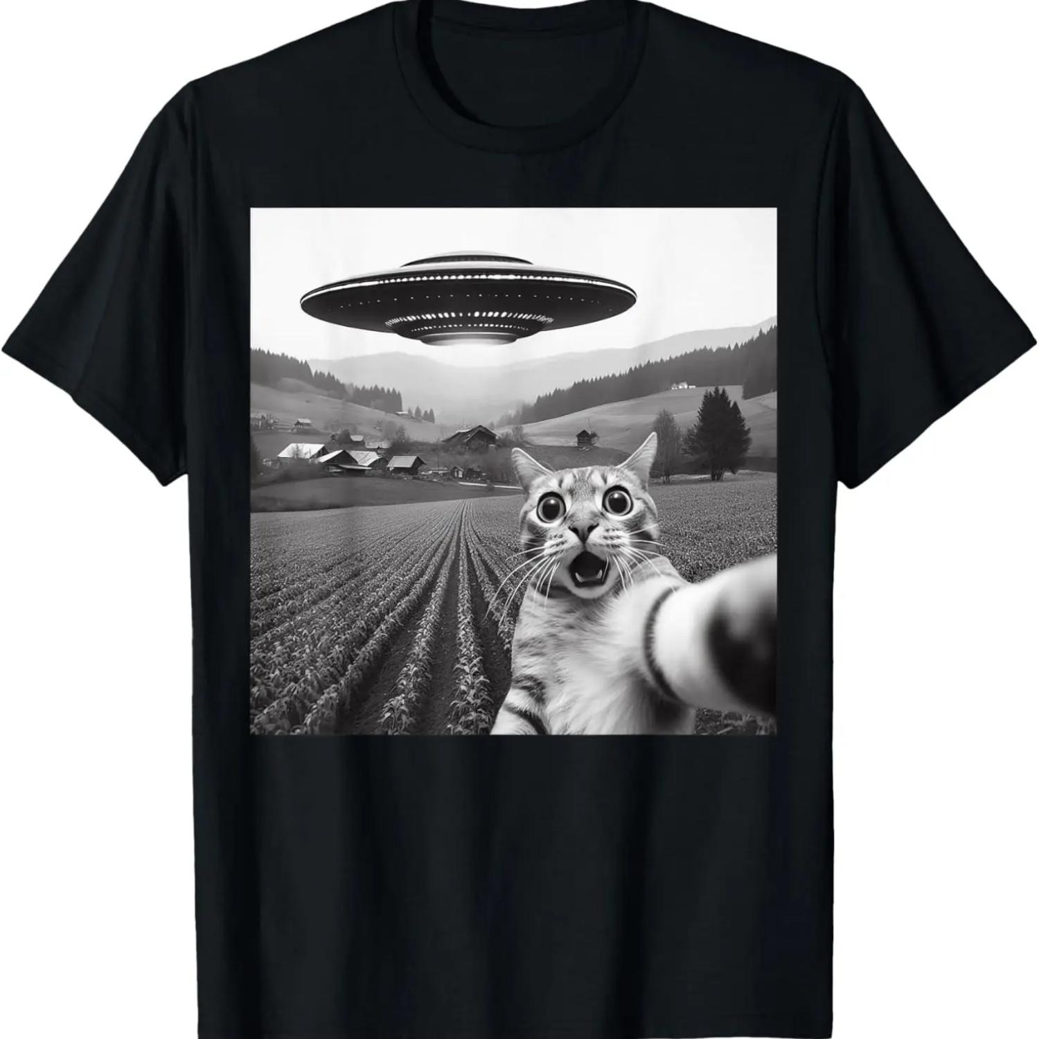 

Кошачье селфи с инопланетным НЛО, смешные кошачьи подарки для мужчин, женщин, детей, футболка XXXXXL чёрный