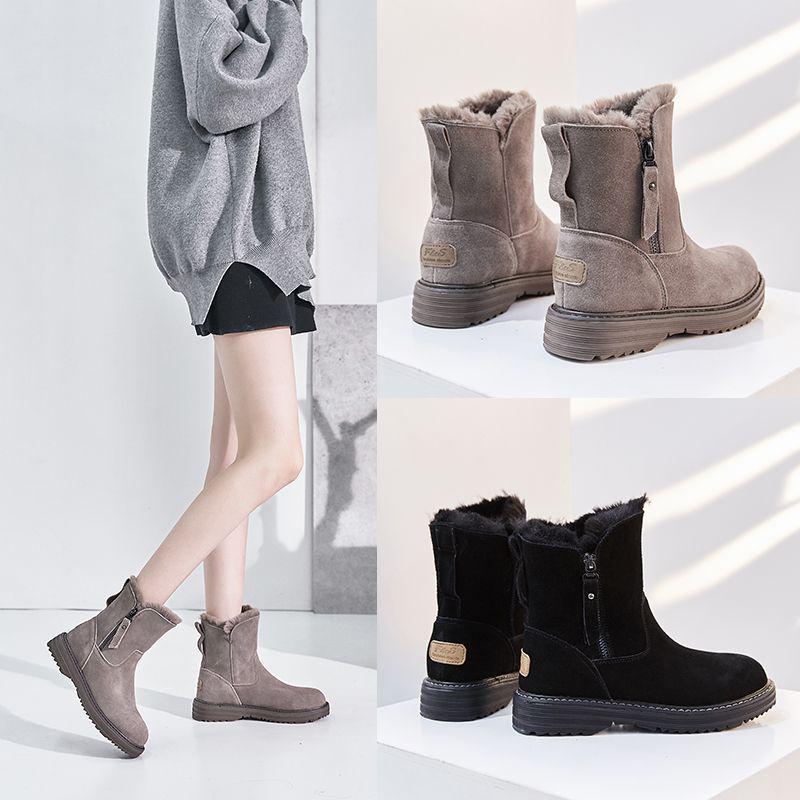 Damen Samt Pelzige Winterstiefel: Dicke Sohle, Wadenhoch, Flacher Boden, Vielseitige Studenten-Schneestiefel