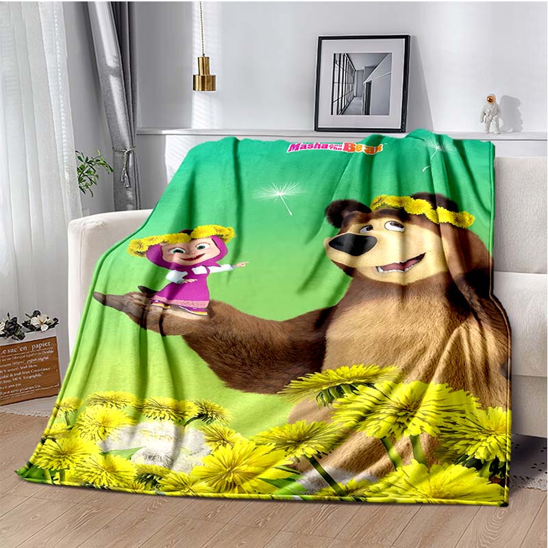 Girl and Bear on Purple Background Print Flannel Blanket, Kids Cartoon Throw Blanket