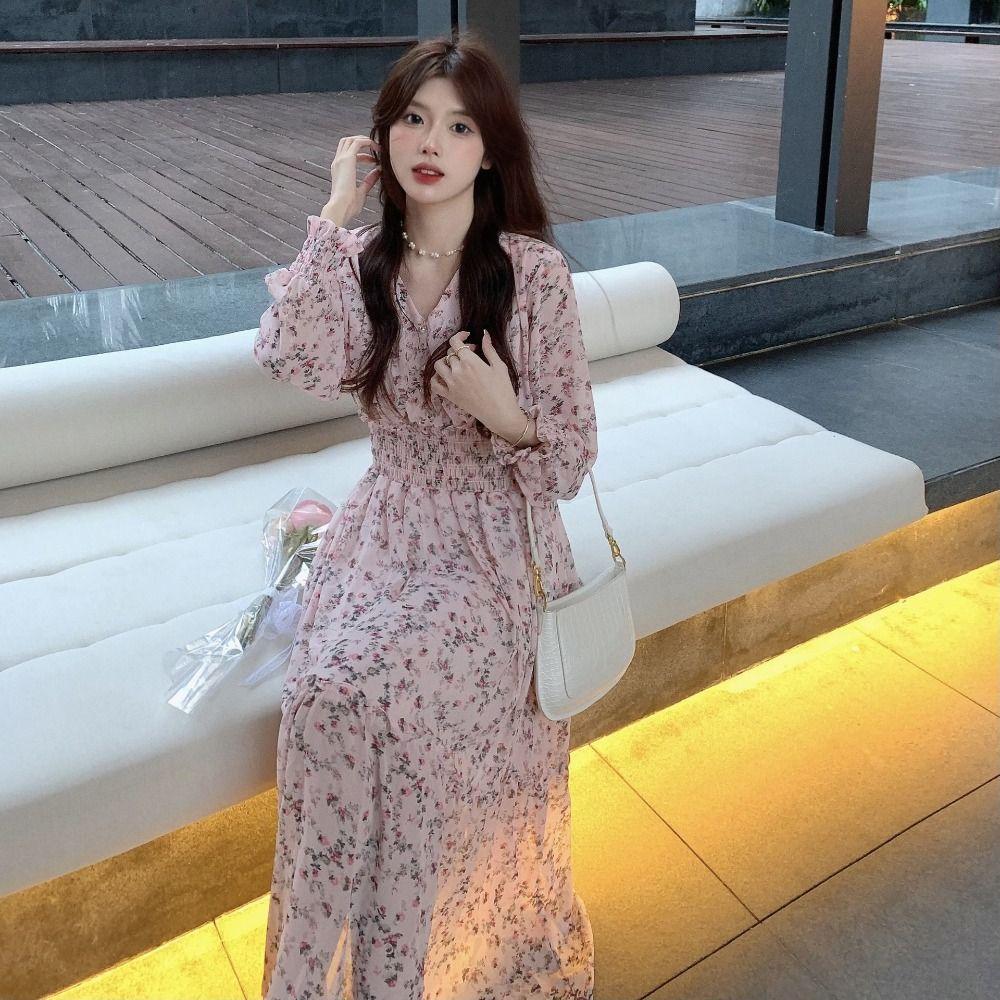 Aesthetic Flower Printing Dress Vintage V-neck Collar Dress Bohemian Chiffon Dress Formal Occasion