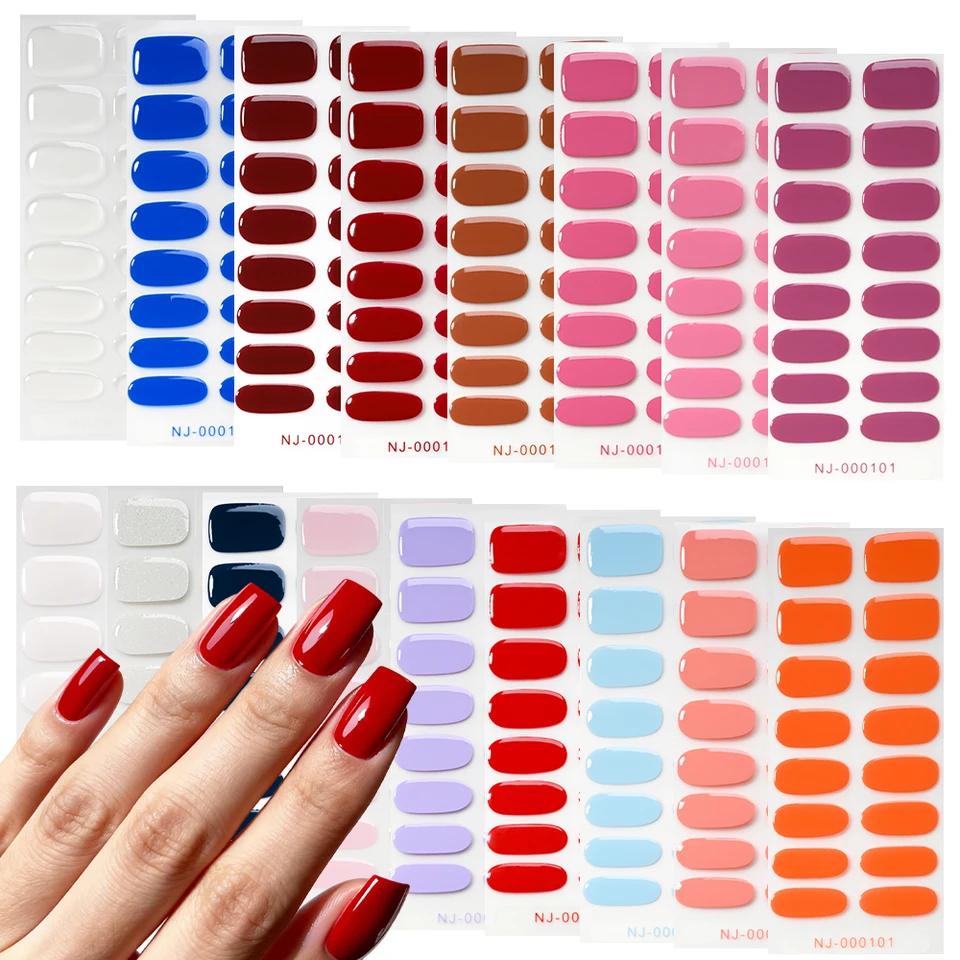 16Tips Semi-Cured Gel Nail Sticker Pure Color UV/LED Lamp Gel Nail Polish Wraps Long-Lasting Nail Strips Patch Nail Decoration