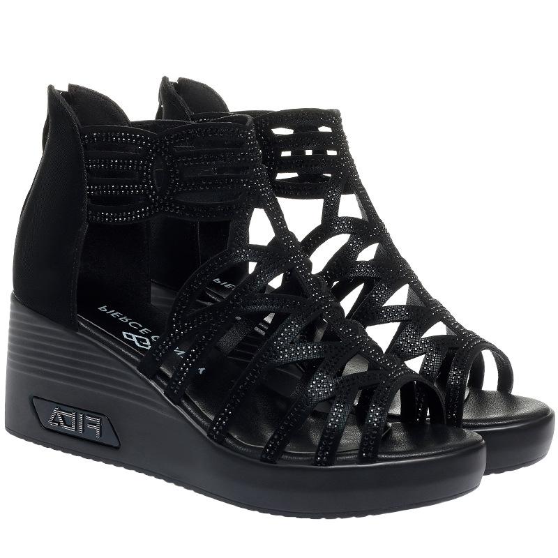 Fashion New Fashion Wedge Sandals Women 2024 Summer Shoes Elegant  Rome  Female Black Wedge  Rhinestone Decor Hollow Heels 6.5 CM
