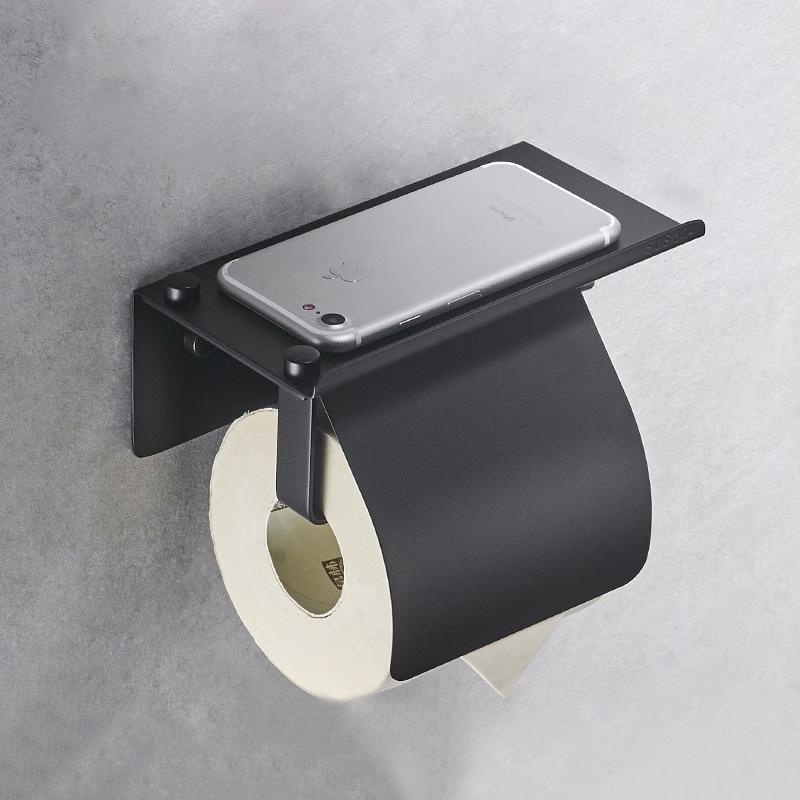 304 Stainless Steel Bathroom Towel Holder Black  Bathroom Paper Roll Holder Tissue Holder Box Wall Mounted Phone Storage Shelf