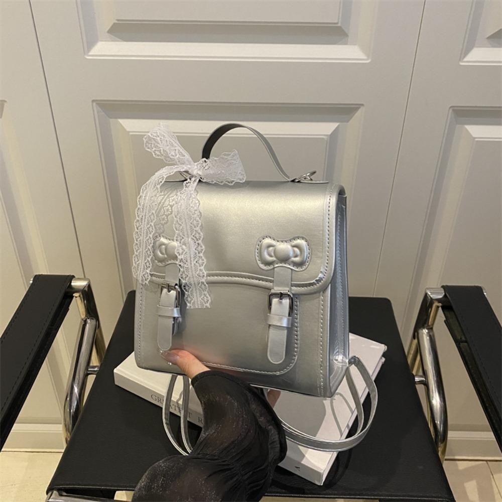 

Solid Color PU Backpack Small Pack Student School Bag Simple Bow Backpack Students серебряный