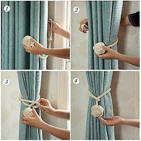 2pcs Curtain Holdbacks Hand Knitting Braided Drapery Tiebacks with Double Ball Cotton Rope Tassel- Yellow