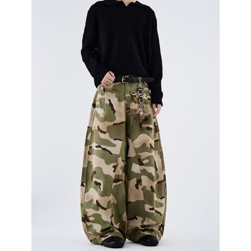 Kisko American Retro Camouflage Front Pocket Silhouette Scimitar Pants Unisex Trendy Brand Cool Loose Wide-Leg Casual Pants