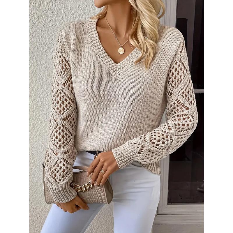 V-Ausschnitt Lochmuster Damen Strickpullover Einfarbig Langärmelige Pullover Neu Gemütlich Koreanischer Stil Damen Bequeme Kleidung
