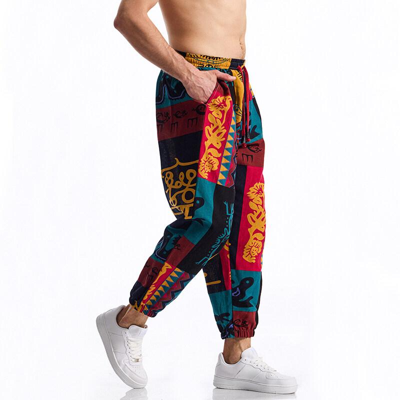 Pánské lněné kalhoty s boho kmenovým potiskem, bavlněné letní ležérní stahovací kalhoty pro venkovní sport, běžecké jogger tepláky