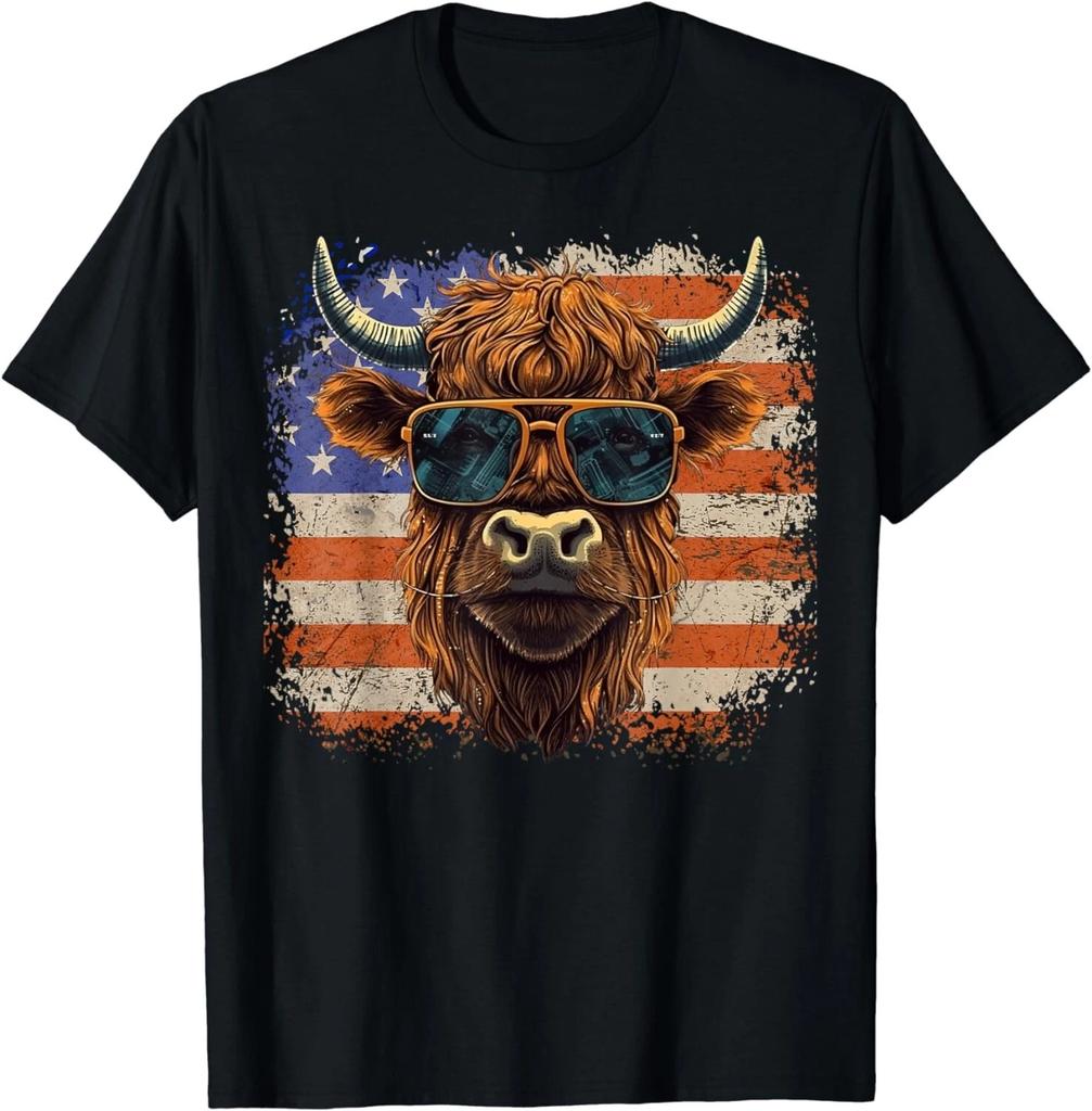 American Flag, Highland Cow-Fourth of July, Cow Lover Cool Gift Unisex T-Shirt