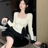 Square Neck Long Sleeve Knit Top for Plus Size Women - Early Spring Irregular Ruffle Chic Shirt