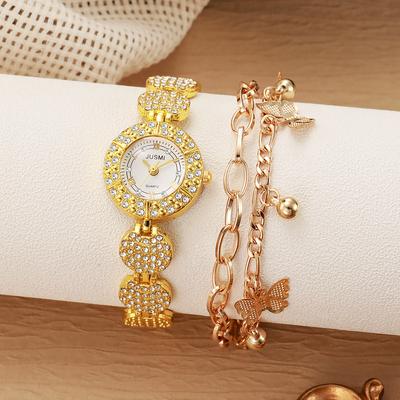 Mode Voll Diamant Kleines Zifferblatt Personalisierbares Armband Quarz Armbanduhr Schmetterlingsarmband 2 Sets