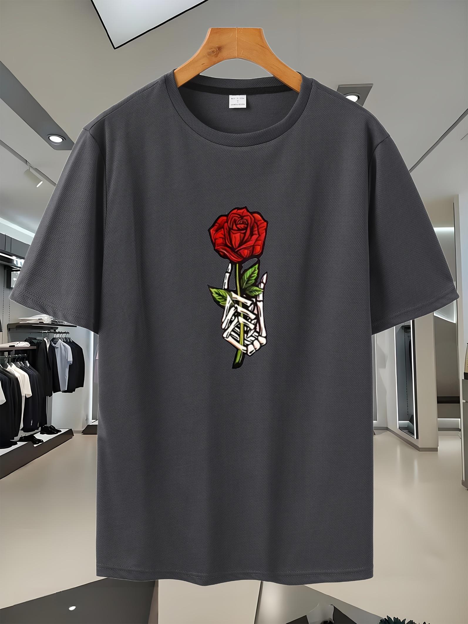Breathable Mesh Summer T-shirt with Red Rose Print - Short Sleeve XXL