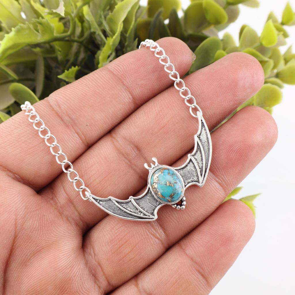 Modrý měděný tyrkysový ručně vyrobený přívěsek drahokam, 925 masivní přívěsek ze sterlingového stříbra starožitné šperky, jako dárek k zásnubám