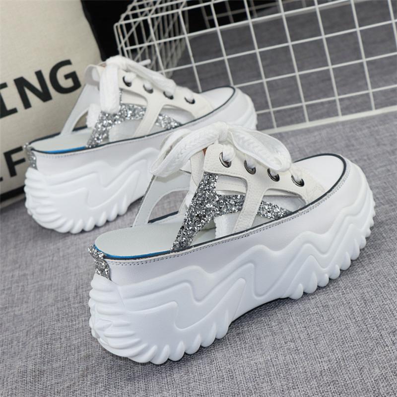 fashion 8cm New Glitter Leather Women Chunky Sneakers Platform Wedge 2024 Breathable Slippers Comfortable Hollow Summer Shoes