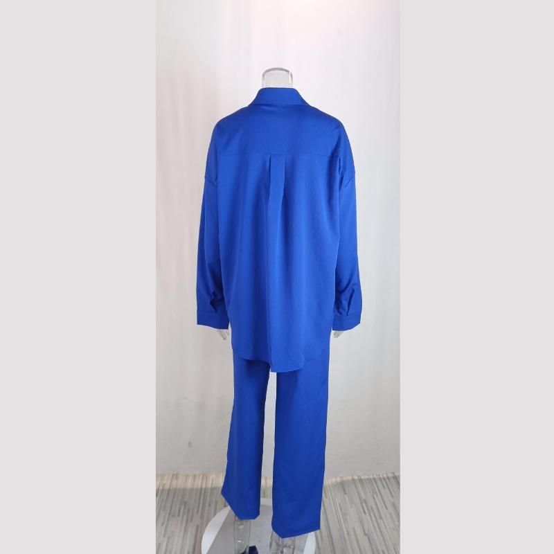 Jesienno-zimowa luźna, elastyczna, pognieciona koszula z długim rękawem, spodnie z szerokimi nogawkami, komplet wypoczynkowy damski dwuczęściowy