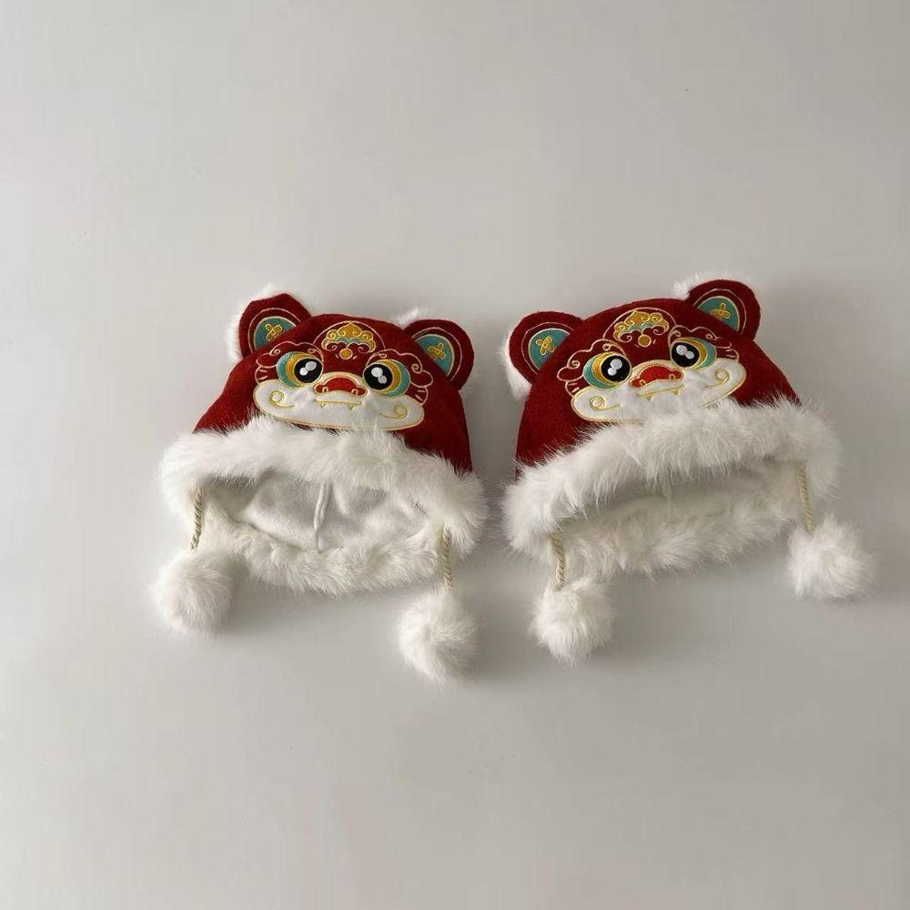 Thickened New Year Red Cap Ear Muffs Winter Warm Hat Kawaii Children's Lion Dance Hat  Outdoor