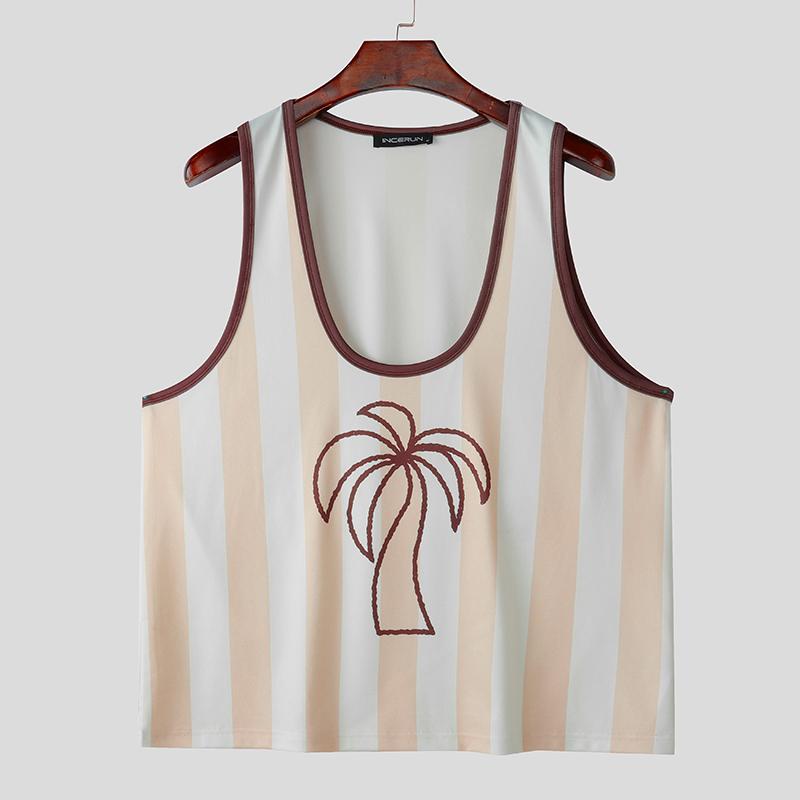 

INCERUN Summer Men U Neck Sleeveless Striped Print Loose Beach Tank Tops 3XL хаки