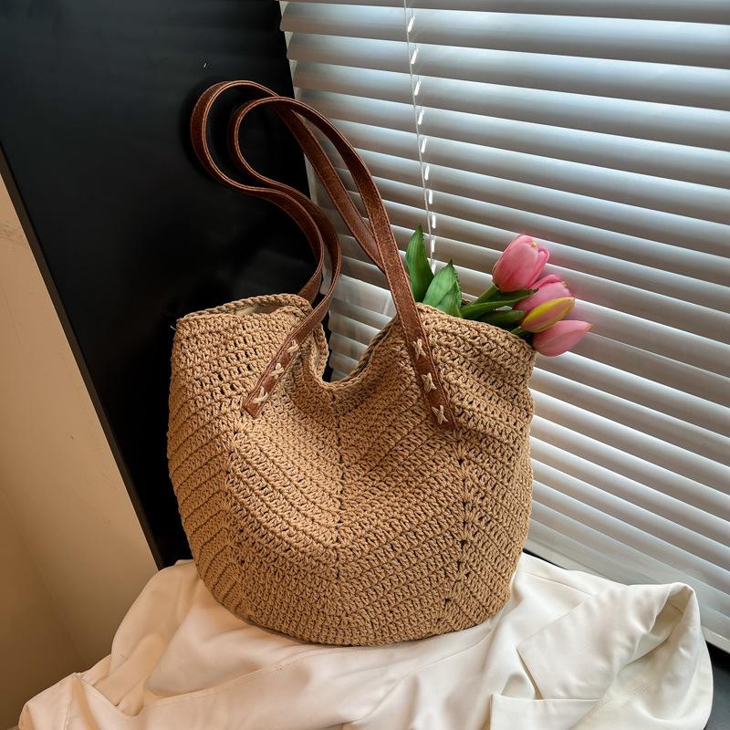 Summer New Cotton Thread Woven Bag Casual Straw Woven Holiday Wind Beach Bag Versatile Shoulder Bucket Bag