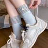 Fall/Winter Kids' Ballet-style Buttoned Bowknot Gray Mid-Calf Leggings with School-Age Stripes and Colorful Patchwork Socks