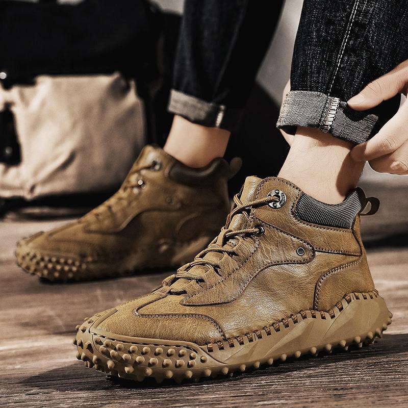 Spring and Autumn Large Size Men's Casual Handmade Leather Boots High Top Cotton Thickened Martin Boots Outdoor Hiking Hiking Shoes