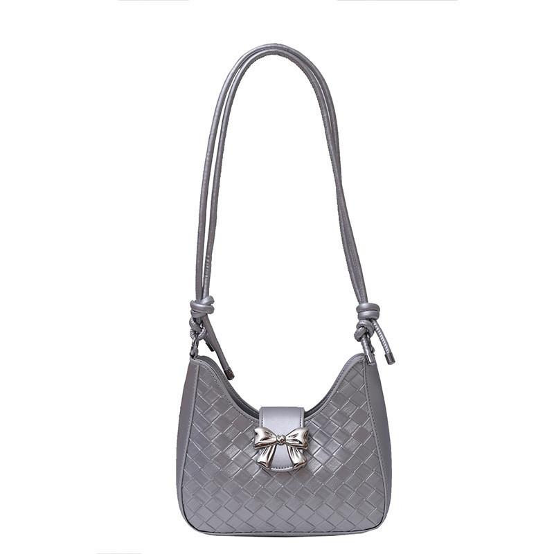 

Fashionable Weave Pattern Bowknot Shoulder Bag For Women 2024 Trendy Crescent Handbag срібний