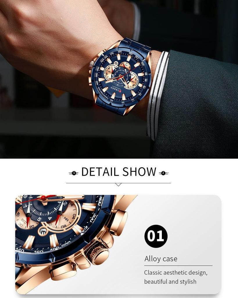 CURREN 8363 Men's Waterproof Quartz Steel Band Watch with Multifunctional Seven-Needle Design and Calendar/Weekday Display.