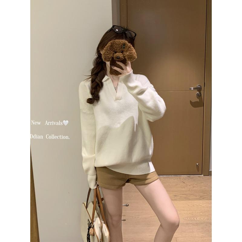 Solid color polo lapel top spring slack soft waxy and thin bottoming shirt with knitted sweater inside women