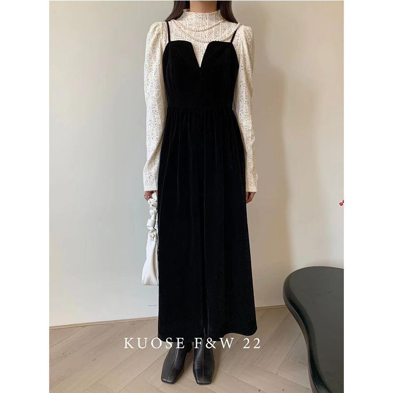 

Плюшевое платье на бретелях-спагетти Фея Осень-Зима K-стиль Французский Ретро Легкая Роскошь Платье Меньшинства Классное для Чаепития Chic Black M